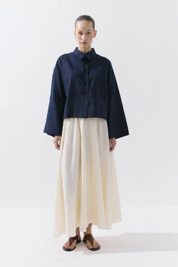 Hooopstore - Lyocell Keten Basic Kısa Lacivert Gömlek (1)