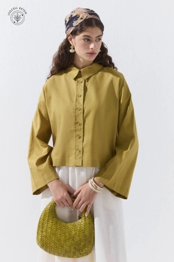 Hooopstore - Lyocell Keten Basic Kısa Safran Gömlek