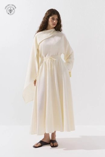 Hooopstore - Lyocell Keten Belden Lastikli Ekru Etek