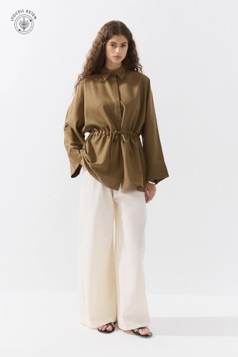 Hooopstore - Lyocell Keten Beli Büzgülü Ada Çayı Gömlek