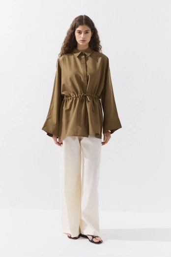 Hooopstore - Lyocell Keten Beli Büzgülü Ada Çayı Gömlek (1)