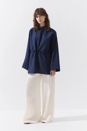 Hooopstore - Lyocell Keten Beli Büzgülü Lacivert Gömlek (1)