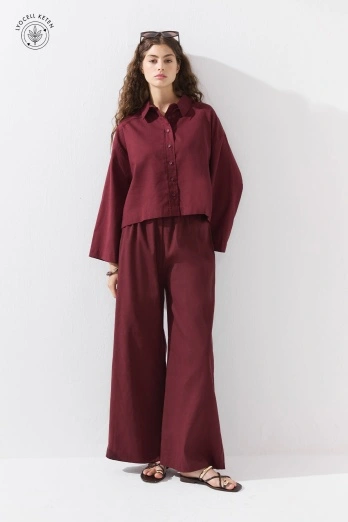  - Lyocell Keten Dökümlü Lastikli Bordo Pantolon