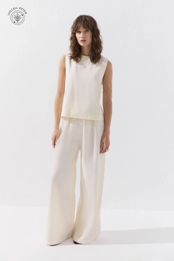 Hooopstore - Lyocell Keten Dökümlü Lastikli Ekru Pantolon (1)