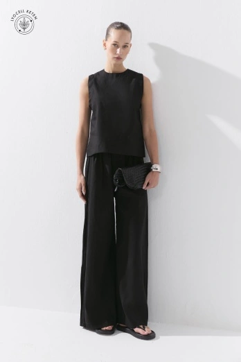  - Lyocell Keten Dökümlü Lastikli Siyah Pantolon