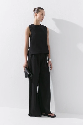  - Lyocell Keten Dökümlü Lastikli Siyah Pantolon (1)