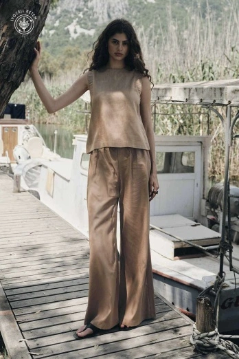 Hooopstore - Lyocell Keten Dökümlü Lastikli Sütlü Kahve Pantolon (1)