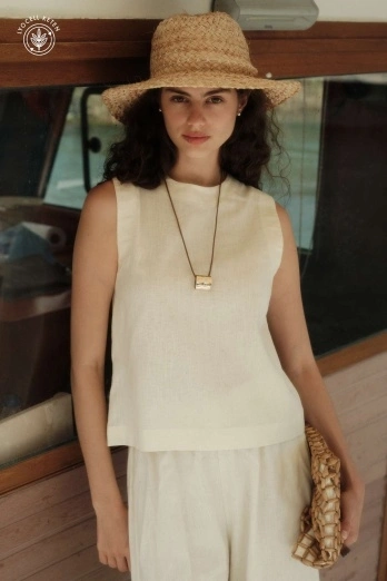 Hooopstore - Lyocell Keten Kolsuz Ekru Bluz (1)