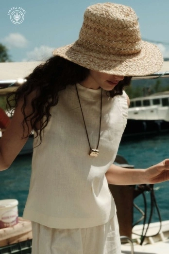 Hooopstore - Lyocell Keten Kolsuz Ekru Bluz