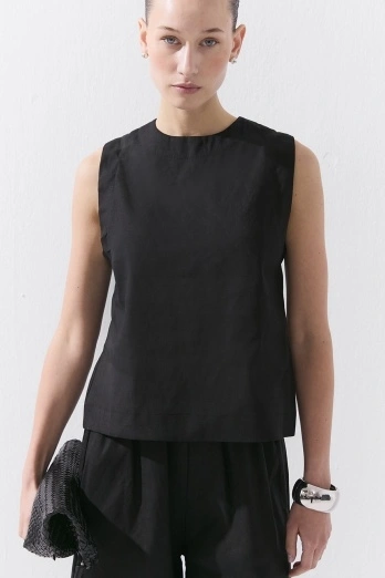 Hooopstore - Lyocell Keten Kolsuz Siyah Bluz (1)