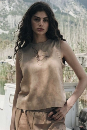 Hooopstore - Lyocell Keten Kolsuz Sütlü Kahve Bluz (1)