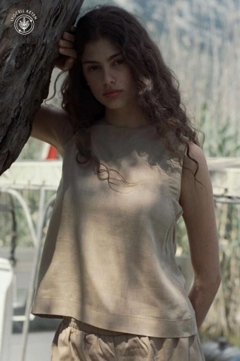 Hooopstore - Lyocell Keten Kolsuz Sütlü Kahve Bluz