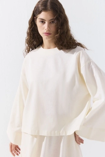 Hooopstore - Lyocell Keten Pelerin Detaylı Basic Ekru Bluz (1)