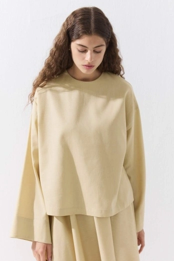 Hooopstore - Lyocell Keten Pelerin Detaylı Basic Kum Beji Bluz (1)