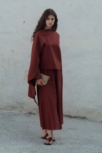 Hooopstore - Lyocell Keten Pelerin Detaylı Basic Mercan Bluz (1)