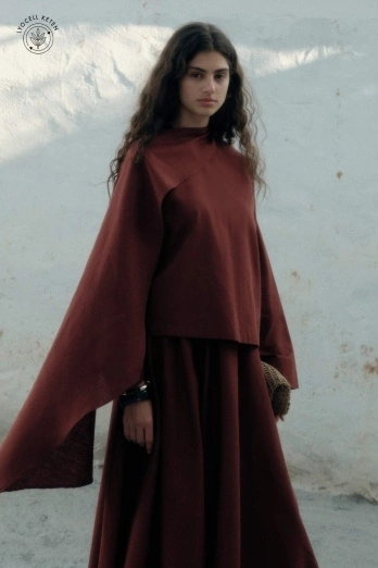 Hooopstore - Lyocell Keten Pelerin Detaylı Basic Mercan Bluz