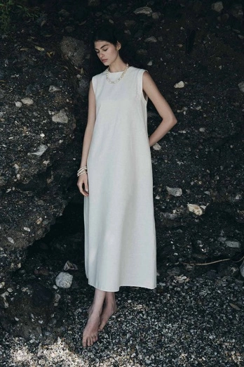 Hooopstore - Lyocell Keten Sıfır Kol Ekru Elbise (1)