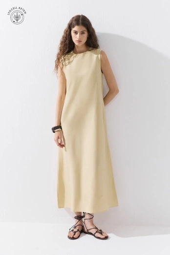 Hooopstore - Lyocell Keten Sıfır Kol Kum Beji Elbise