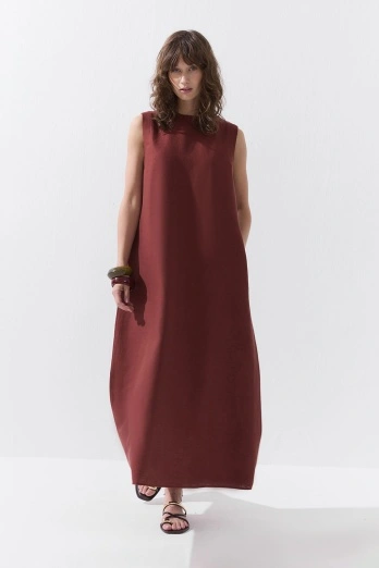 Hooopstore - Lyocell Keten Sıfır Kol Mercan Elbise (1)