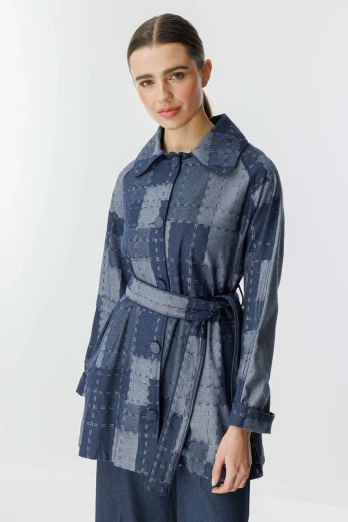 Hooopstore - Meri Kare Desenli Denim Dokulu Lacivert Ceket Hooopstore - Meri Kare Desenli Denim Dokulu Lacivert Ceket