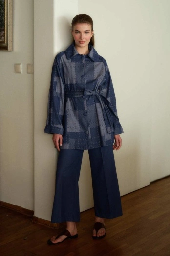 Hooopstore - Meri Kare Desenli Denim Dokulu Mavi Ceket Hooopstore - Meri Kare Desenli Denim Dokulu Mavi Ceket