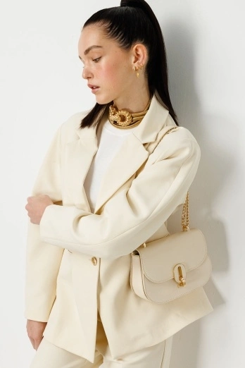 Hooopstore - Milena Oval Deri Krem Çanta Hooopstore - Milena Oval Deri Krem Çanta