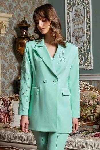 Hooopstore - Yaka Ve Kolları Taş İşlemeli Mint Yeşili Blazer Ceket (1) Hooopstore - Yaka Ve Kolları Taş İşlemeli Mint Yeşili Blazer Ceket (1)