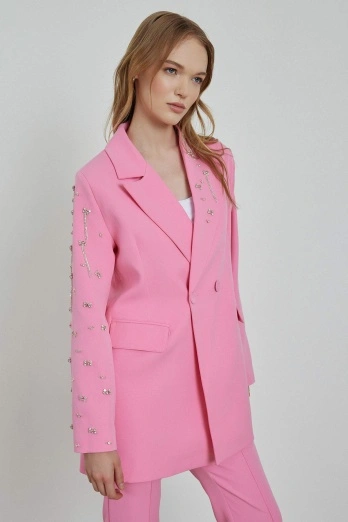 Hooopstore - Yaka Ve Kolları Taş İşlemeli Pembe Blazer Ceket (1)