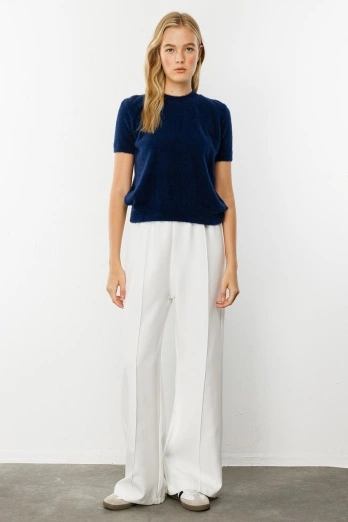 Hooopstore - Nervürlü Ekru Krep Pantolon