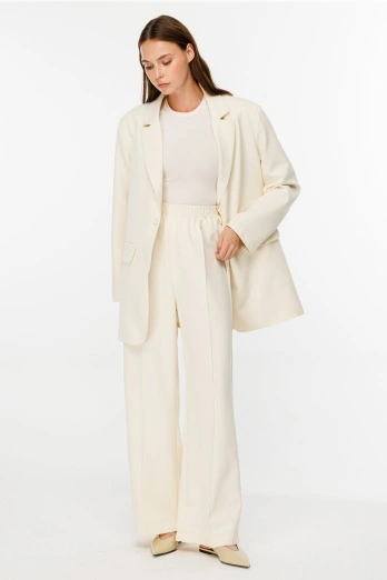 Hooopstore - Nervürlü Krem Krep Pantolon