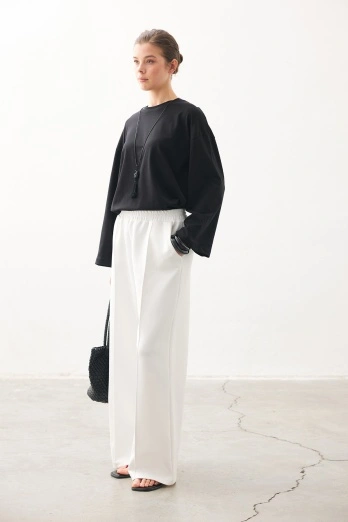 Hooopstore - Nervürlü Scuba Ekru Pantolon (1)