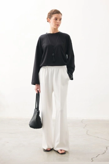 Hooopstore - Nervürlü Scuba Ekru Pantolon