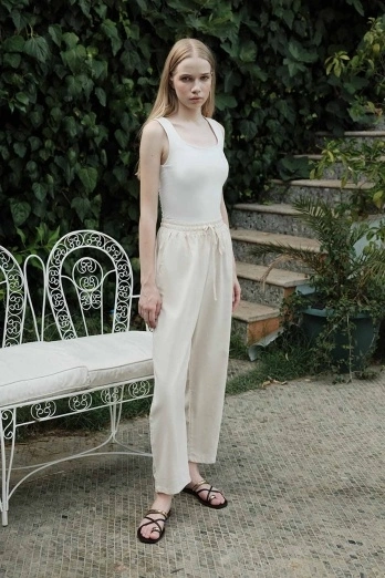 Hooopstore - Organik Karışımlı Lastikli Bej Pantolon (1)