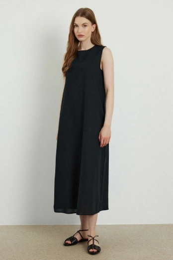 Hooopstore - Pamuk Siyah Keten Astar Elbise (1)