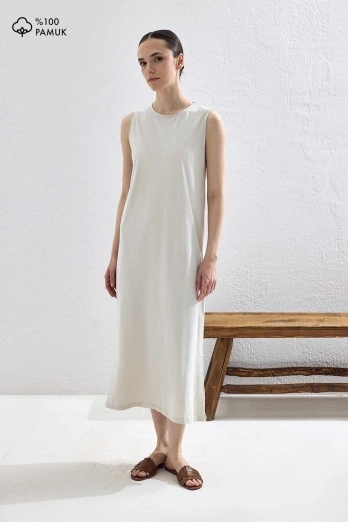 Hooopstore - Pamuklu Bej Astar Elbise