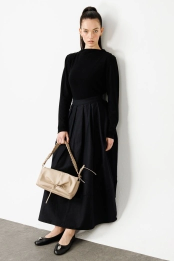 Hooopstore - Pile Kırma Siyah Etek (1)