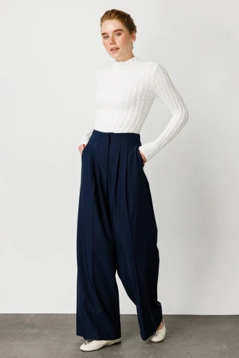 Hooopstore - Pileli Palazzo Pantolon - Lacivert