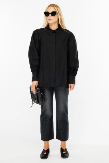 Hooopstore - Premium Balon Kol Poplin Siyah Gömlek (1)