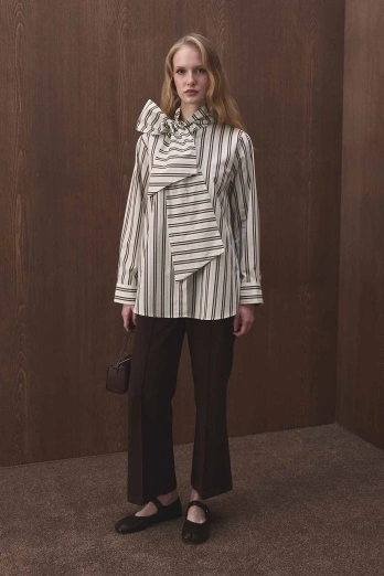 Hooopstore - Premium Çıkarılabilir Bağlama Detaylı Çizgili Poplin Ekru Gömlek