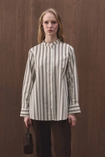Hooopstore - Premium Çıkarılabilir Bağlama Detaylı Çizgili Poplin Ekru Gömlek (1)