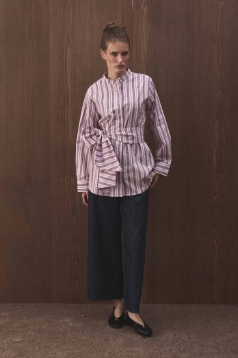 Hooopstore - Premium Çıkarılabilir Bağlama Detaylı Çizgili Poplin Mürdüm Gömlek (1)