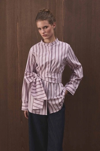 Hooopstore - Premium Çıkarılabilir Bağlama Detaylı Çizgili Poplin Mürdüm Gömlek