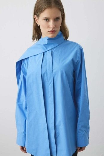 Hooopstore - Premium Çıkarılabilir Bağlama Detaylı Poplin Mavi Gömlek