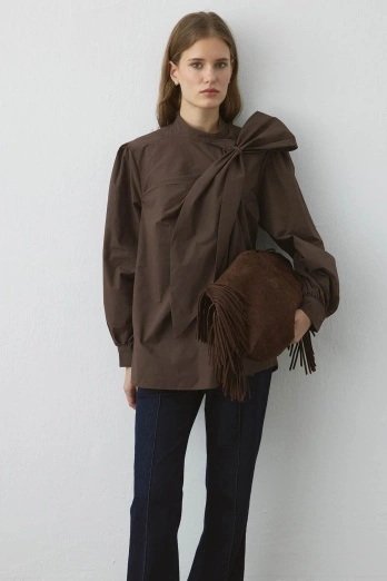 Hooopstore - Premium Fiyonk Detaylı Poplin Kahve Gömlek