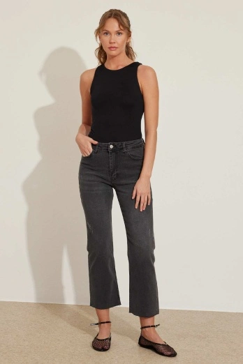 Hooopstore - Kesik Paça Gri Flare Jean (1)