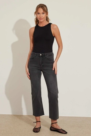 Hooopstore - Kesik Paça Gri Flare Jean