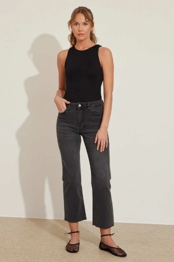 Hooopstore - Kesik Paça Gri Flare Jean (1)