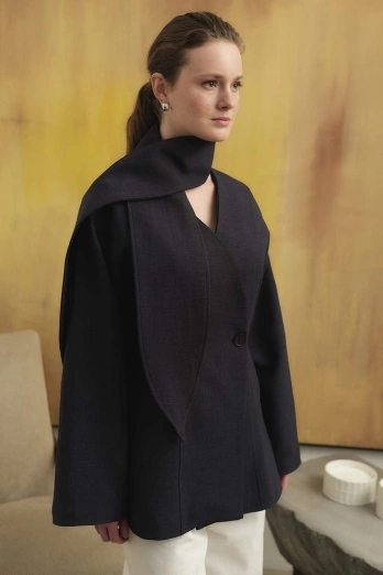 Hooopstore - Premium Fular Bağlamalı Lacivert Ceket (1)