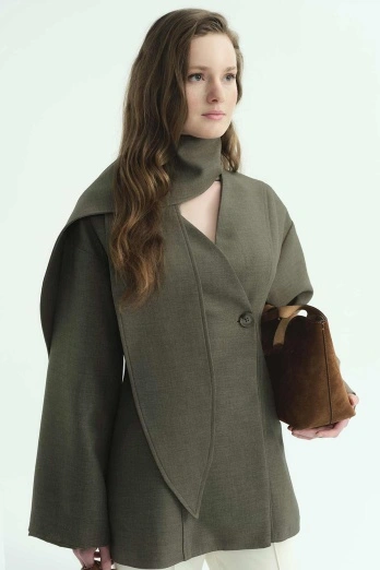 Hooopstore - Premium Fular Bağlamalı Vizon Ceket