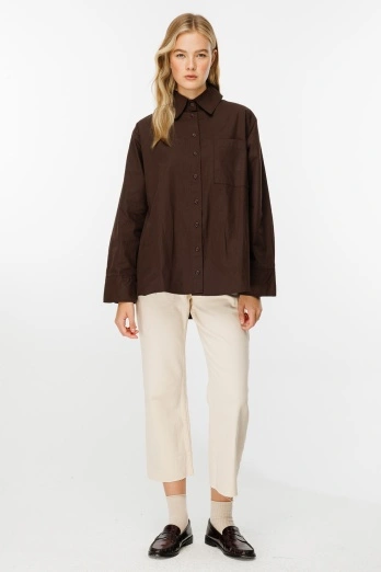 Hooopstore - Premium Oversıze Basic Poplin Kahve Gömlek (1)